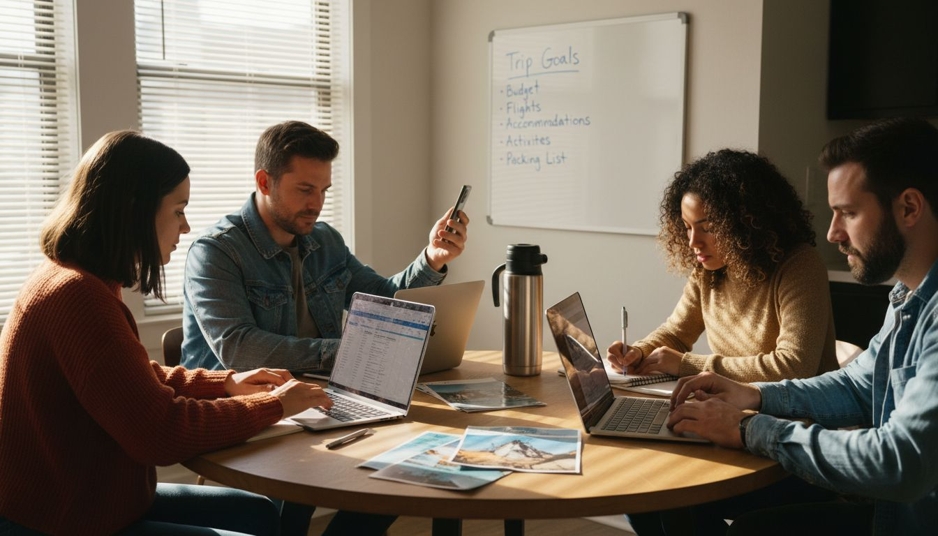 Group discussing travel plans around table